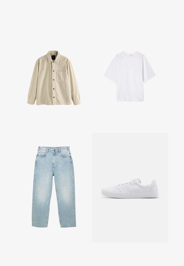 Beige fløjl skjorte med knaplukning, lange ærmer, krave og en enkelt brystlomme på venstre side.; Hvid kortærmet t-shirt lavet af blødt stof. Har en rund halsudskæring og en afslappet pasform med en lige kant. Ingen mønstre eller hardware.; Lyseblå høj talje denim jeans med lige ben, for- og baglommer samt lukning med knap og synlig syning.; Hvide lærreds sneakers med gummisål, der har seks snørehuller, en struktureret tåkap og et minimalistisk design.