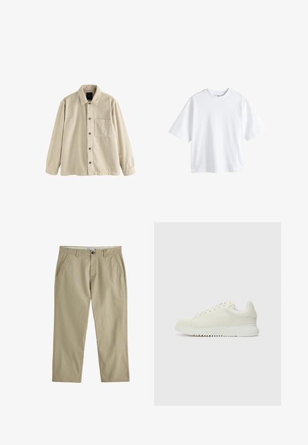 Beige fløjl skjorte med knaplukning, lange ærmer, krave og en enkelt brystlomme på venstre side.; Next BOXY FIT - HEAVYWEIGHT T-SHIRT . - T-shirts basic - white; Beige bukser med lige ben, bæltestropper, skrå forlommer og enkelt knaplukning i taljen.; Hvide lædersneakers med struktureret overdel, rund tå, flad hvid sål og tonede snørebånd. Subtil branding på tungen.