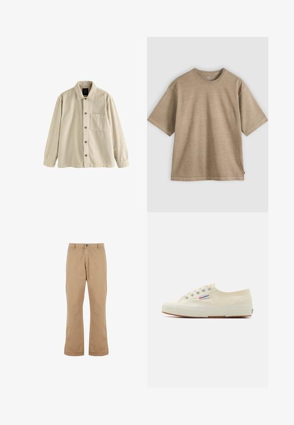 Beige fløjl skjorte med knaplukning, lange ærmer, krave og en enkelt brystlomme på venstre side.; Beige kortærmet bomuld T-shirt med rund hals og løs pasform, vist på en ensartet lysegrå baggrund.; Beige bomuldsbukser med lige pasform, der har knaplukning, forlommer og en glat tekstur.; Beige lærredssneaker med et lavprofildesign, metaløjet og gummisål. Har et tekstureret mønster og logodetalje på siden.