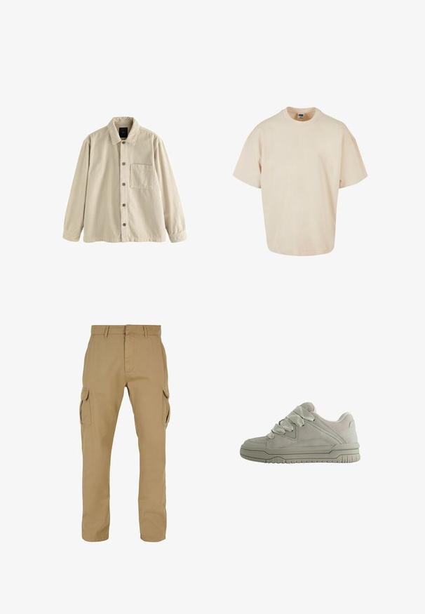 Beige fløjl skjorte med knaplukning, lange ærmer, krave og en enkelt brystlomme på venstre side.; Beige oversized T-shirt, lavet af blødt bomuldsstof, med rund hals og korte ærmer samt en lige nederkant. Simpelt og minimalistisk design.; Beige cargo bukser med to sidelommer, lige ben design, lavet af slidstærkt stof, med syning detaljer og bæltestropper.; Lav-snit grå sneaker med tykke teksturerede snørebånd, polstret krave, syninger i panelerne og en rilled gummisål for greb.