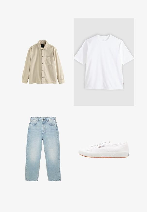 Beige fløjl skjorte med knaplukning, lange ærmer, krave og en enkelt brystlomme på venstre side.; Hvid t-shirt med korte ærmer lavet af bomuld, med rund hals og lige snit. Mærke synligt på den nederste side af kanten.; Lyseblå høj talje denim jeans med lige ben, for- og baglommer samt lukning med knap og synlig syning.; Hvide kanvas sneakers med gummisål, snørebåndsdesign og et lille logo mærke på siden. Tekstureret hvid overdel og brun ydersål.