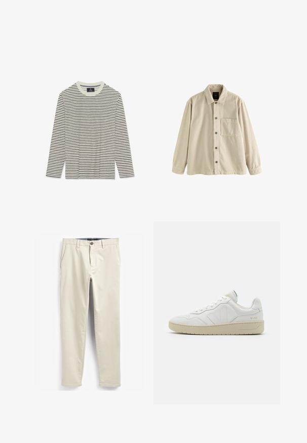 Camisa de pana beige, de manga larga, con cuello y un bolsillo en el pecho en el lado izquierdo.; Camisa de manga larga con una base crema y finas rayas marinas. Presenta un cuello redondo y una textura suave. Sin logotipos ni adornos visibles.; Pantalones de algodón beige con un diseño de pierna recta, bolsillos frontales y cierre de un solo botón. Textura suave con un acabado limpio.; Zapatillas blancas de cuero con un acabado texturizado y cuello acolchado. Cuentan con una suela de goma beige y un sutil logotipo en el talón y el lado.