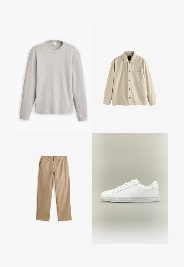 Beige fløjl skjorte med knaplukning, lange ærmer, krave og en enkelt brystlomme på venstre side.; Grå langærmet striktrøje med ribbet tekstur, rund halsudskæring og lige kant. Muddorne er tætsiddende og lavet af blødt stof.; Beige bukser med lige ben, knap- og lynlåslukning, bæltestropper og sidelommer, lagt fladt på en hvid baggrund.; Lavtop hvid sneaker med snørelukning foran og tekstureret gummisål mod en ensartet neutral baggrund.