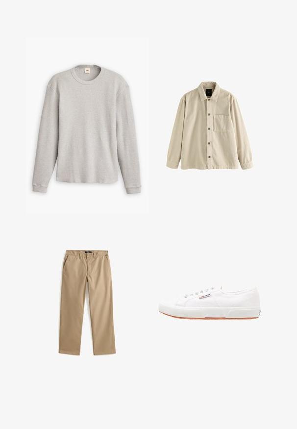 Beige fløjl skjorte med knaplukning, lange ærmer, krave og en enkelt brystlomme på venstre side.; Grå langærmet striktrøje med ribbet tekstur, rund halsudskæring og lige kant. Muddorne er tætsiddende og lavet af blødt stof.; Beige bukser med lige ben, knap- og lynlåslukning, bæltestropper og sidelommer, lagt fladt på en hvid baggrund.; Hvide kanvas sneakers med gummisål, snørebåndsdesign og et lille logo mærke på siden. Tekstureret hvid overdel og brun ydersål.