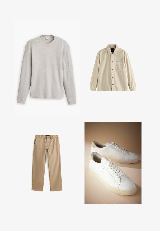 Beige corduroy overhemden met lange mouwen, een kraag en een enkele borstzak aan de linkerkant.; Grijze lange mouwen trui van gebreid materiaal met een geribbeld patroon, ronde halslijn en rechte zoom. De manchetten zijn aansluitend en gemaakt van zachte stof.; Beige recht gesneden chino's van lichtgewicht katoen. Voorzien van twee voorzakken en een knoopsluiting. Gladde textuur, minimale details.; Witte leren sneakers met een gestructureerde, beige suède hieltab. Voorzien van een vetersluiting, minimale perforaties en een dikke, transparante zool.