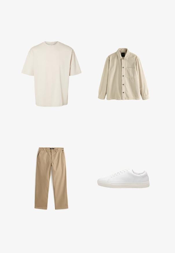 Beige Cordura-Hemd mit langen Ärmeln, Kragen und einer einzelnen Brusttasche auf der linken Seite.; Schlichtes beiges, kurzärmeliges, übergroß geschnittenes Baumwoll-T-Shirt mit Rundhalsausschnitt, flach auf weißem Hintergrund präsentiert.; Beige Chinos mit geradem Bein, gefertigt aus leichtem Baumwollstoff. Verfügen über zwei Vordertaschen und einen Knopfverschluss. Glatte Textur, minimalistische Details.; Weiße Leder-Sneaker mit glatter Textur, runder Zehenpartie, Schnürverschluss und flacher Gummisohle. Minimalistisches Design ohne sichtbare Muster.