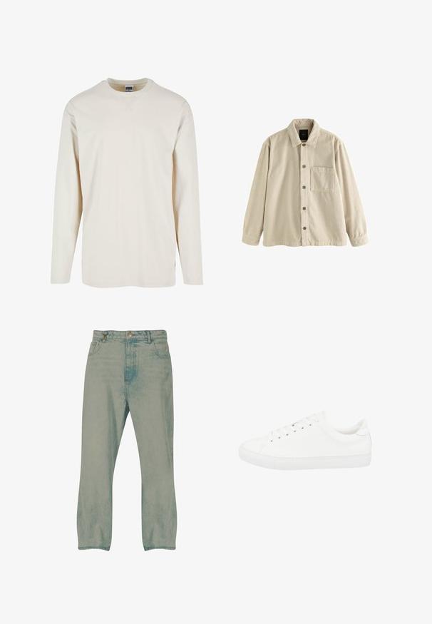 Beige fløjl skjorte med knaplukning, lange ærmer, krave og en enkelt brystlomme på venstre side.; Langærmet cremegul t-shirt lavet af blød bomuld, med rund halsudskæring og sideslids for ekstra komfort. Minimalistisk design, ensfarvet tekstur.; Lyseblå jeans med lige ben, forrest knapper, bæltestropper og forlommer, vist mod en hvid baggrund.; Hvid lavtop-sneaker med snørelukning, glat læderoverdel og gummisål, vist fra siden på en hvid baggrund.