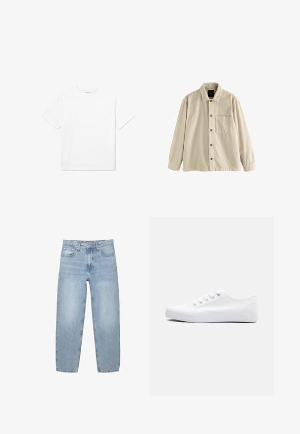 Beige corduroy overhemden met lange mouwen, een kraag en een enkele borstzak aan de linkerkant.; Witte katoenen T-shirt met korte mouwen, een ronde halslijn en een rechte zoom. Glad textuur zonder zichtbare patronen of accenten.; Lichtblauwe denim jeans, losse pasvorm, hoge taille, ontwerp met vijf zakken, knoop- en ritssluiting, rechte pijpen met een licht uitgerafelde zoom.; Witte canvas lage sneaker met witte veters, rubberen zool en metalen oogjes, weergegeven vanaf de buitenkant tegen een effen achtergrond.