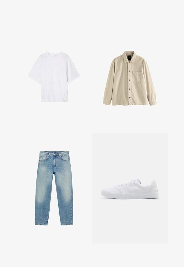 Beige corduroy overhemden met lange mouwen, een kraag en een enkele borstzak aan de linkerkant.; Witte T-shirt met korte mouwen van zacht materiaal. Heeft een ronde halslijn en een relaxte pasvorm met een rechte zoom. Geen patronen of hardware.; Jeans met rechte pijpen van blauwe denim, met voorzakken en riemlussen, met lichte vervaagde details op dijen en knieën.; Witte canvas sneakers met een rubberen zool, voorzien van zes oogjes, een gestructureerde neuskap en een minimalistisch ontwerp.