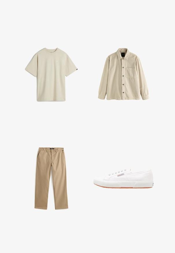 Camisa de pana beige, de manga larga, con cuello y un bolsillo en el pecho en el lado izquierdo.; Camiseta de algodón beige con mangas cortas, escote redondo y un pequeño logo blanco en el pecho. Textura suave y un corte relajado.; Pantalones chinos beige de pierna recta hechos de tela de algodón ligera. Presentan dos bolsillos delanteros y cierre de botón. Textura suave, detalles mínimos.; Zapatillas de lona blancas con suela de goma, diseño de cordones y una pequeña etiqueta con el logo en el lateral. Parte superior texturizada blanca y suela marrón.