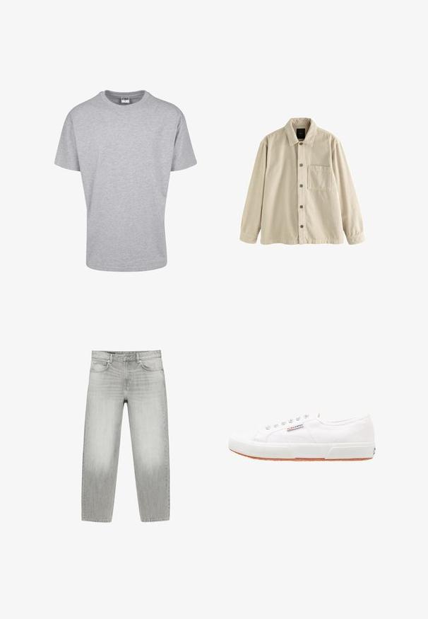 Beige fløjl skjorte med knaplukning, lange ærmer, krave og en enkelt brystlomme på venstre side.; Grå bomulds t-shirt med rund halsudskæring og korte ærmer. Simpelt design, ingen mønstre eller accenter. Klassisk afslappet pasform.; Lysegrå jeans med lige ben, forlommer, bæltestropper, knap og lynlåslukning på hvid baggrund.; Hvide kanvas sneakers med gummisål, snørebåndsdesign og et lille logo mærke på siden. Tekstureret hvid overdel og brun ydersål.