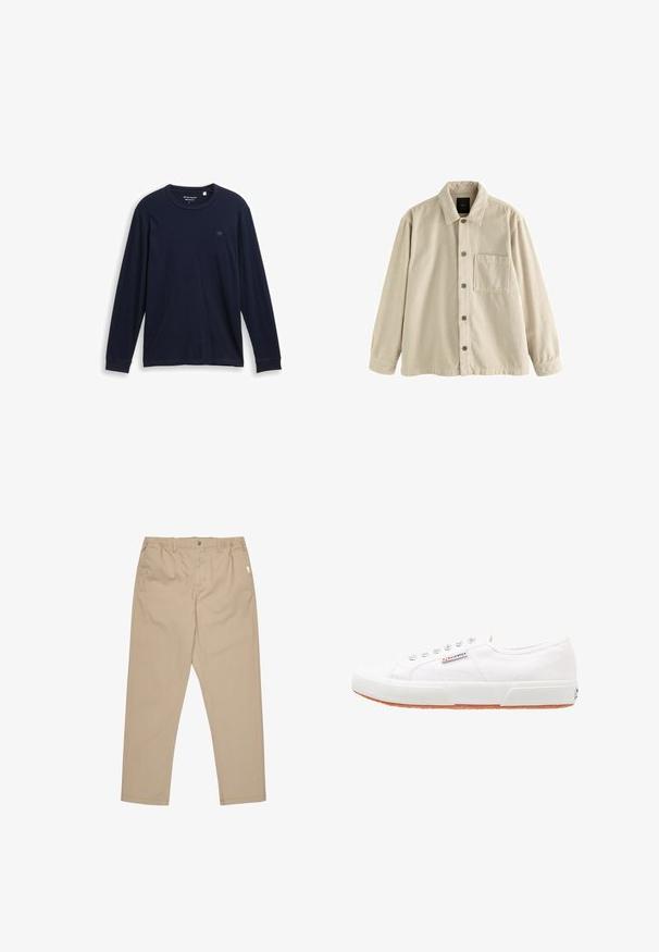 Camisa de pana beige, de manga larga, con cuello y un bolsillo en el pecho en el lado izquierdo.; Camiseta de manga larga azul marino hecha de algodón suave, con un cuello redondo, dobladillos cosidos y un pequeño logo bordado en el pecho.; Pantalones caqui confeccionados en tejido ligero, con corte recto, cierre de botón y bolsillos laterales. Textura suave con un detalle mínimo.; Zapatillas de lona blancas con suela de goma, diseño de cordones y una pequeña etiqueta con el logo en el lateral. Parte superior texturizada blanca y suela marrón.
