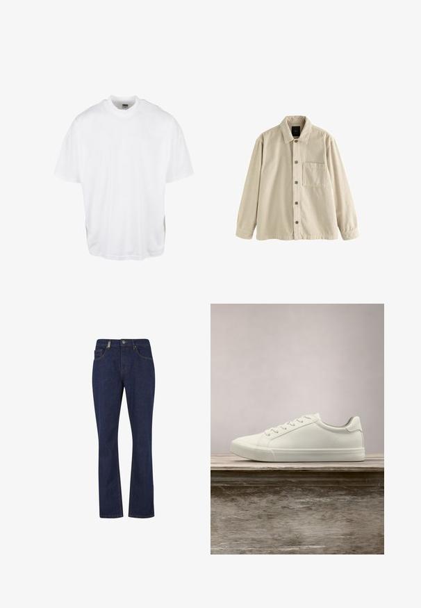 Camisa de pana beige, de manga larga, con cuello y un bolsillo en el pecho en el lado izquierdo.; Camiseta de algodón blanca con un corte relajado, mangas cortas y cuello redondo, que presenta un dobladillo recto y sin gráficos ni patrones visibles.; Vaqueros de mezclilla de pierna recta en azul oscuro, con botón y cremallera delanteros, que cuentan con bolsillos delanteros y traseros y detalles visibles de costura.; Zapatilla blanca con cordones flotando sobre un banco de madera con follaje verde al fondo, mostrando el diseño y la textura del zapato.