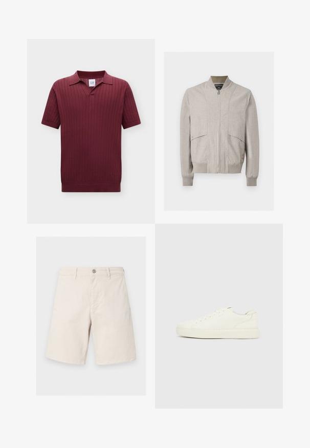 Veste bomber beige clair avec fermeture éclair à l'avant, col, poignets et bas côtelés, et deux poches à rabat pressionnées sur le devant.; Polo en maille bordeaux à manches courtes avec côtes verticales et petit col pointu, présenté sur un fond uni clair.; Shorts beige en coton avec passants de ceinture, bouton frontal, fermeture éclair et ourlet droit, présentés sur un fond gris clair.; Baskets basses blanches avec laçage à l'avant, dessus en cuir lisse et semelle épaisse en caoutchouc, vues de côté extérieur sur un fond uni.