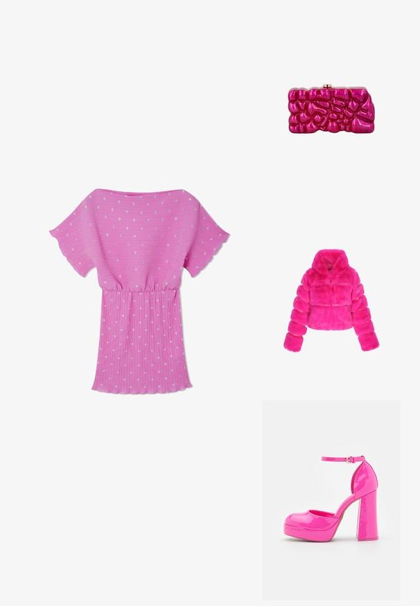 Faux fur cropped pufferjakke i lys pink, med hætte, pufærmer og vandret syninger over kroppen. Blød tekstur.; Lyserød plisseret kjole med korte flæseærmer, prydet med sølvprikker over det hele og en elastisk talje for en afslappet pasform.; Call it Spring ANABELLE - Plateaupumps - dark pink; Skinnende lyserød rektangulær clutch med hævet, ujævnt tekstureret mønster og lille guldlås på toppen mod hvid baggrund.