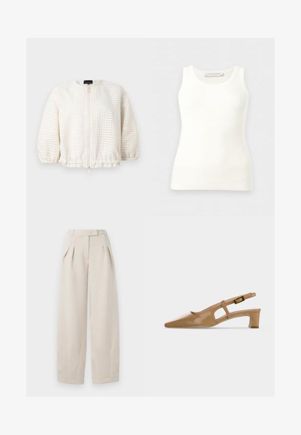 Veste blanche courte avec un motif quadrillé texturé, encolure ronde, fermeture éclair, et ourlet et poignets élastiqués. Finition en matière douce.; Débardeur blanc côtelé sans manches avec encolure ronde, coupe ajustée, et étiquette de la marque à l'intérieur du col arrière.; Pantalons beige taille haute et jambes larges avec des plis à l'avant, passants de ceinture et fermeture discrète à l'avant.; Chaussure slingback en cuir verni beige avec bout pointu, talon bloc bas et bride réglable avec boucle sur fond blanc.