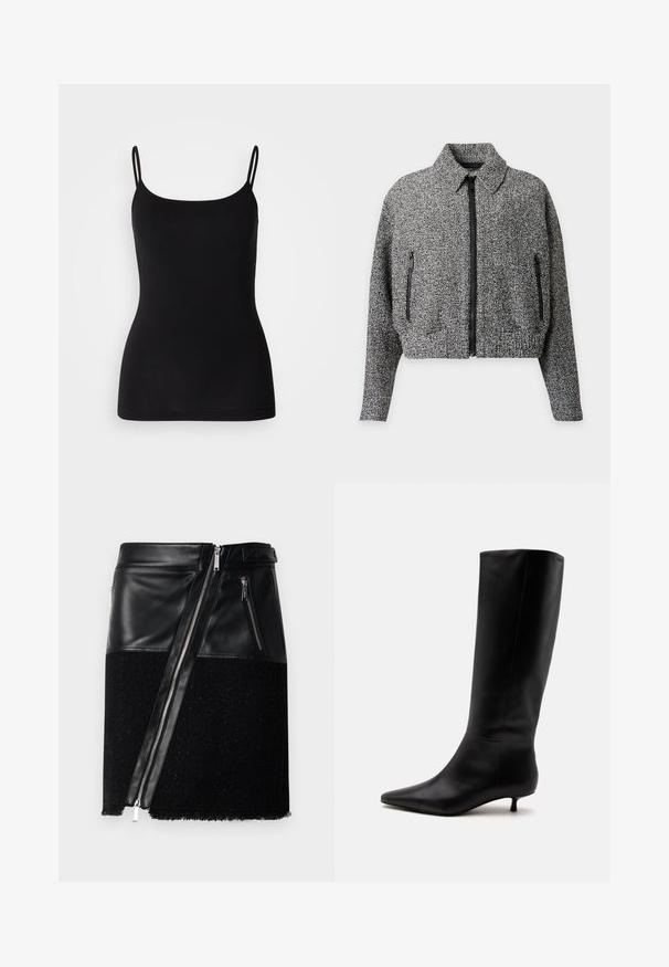 Veste zippée gris et noir tacheté avec col et deux poches latérales zippées, manches longues et taille élastique.; Débardeur noir avec des bretelles fines et ajustables, en tissu extensible lisse et à la silhouette ajustée. Pas de motifs ni de décorations.; Jupe noire alliant cuir et tissu texturé. Dispose d'une fermeture éclair diagonale, de deux poches zippées sur les côtés et d'un ourlet effiloché au bas.; Botte noire en cuir jusqu'au genou avec bout pointu et petit talon kitten sur un fond clair uni.