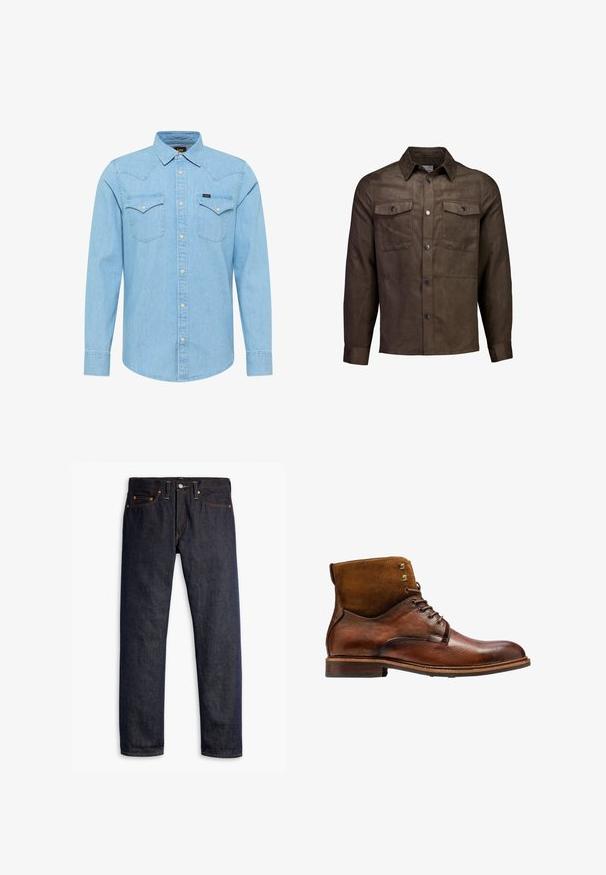 Brun skjortejakke med lange ærmer, knappelukning foran og to brystlommer med knapper, vist på hvid baggrund.; Lyseblå denimskjorte med lange ærmer, knaplukning, to brystlommer med knapper, spids krave og lille Lee-logo på venstre lomme.; Mørkeblå denimjeans med lige pasform, fem-lomme design, kobbernitter, gul syning og et markant struktureret stof.; Kazar ALID - Snørestøvletter - brown
