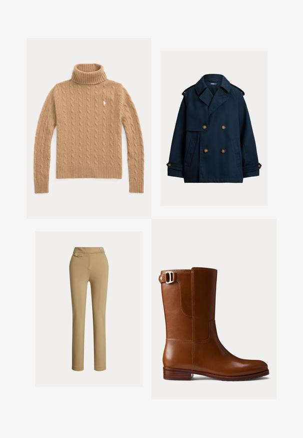 Marineblauer doppelreihiger Pea Coat mit breiten Revers, Schulterklappen, geknöpften Manschetten und Seitentaschen.; Kamelfarbener, kabelgestrickter Rollkragenpullover mit langen Ärmeln und gerippten Bündchen, mit kleinem besticktem Logo auf der Brust.; Beige Maßhose mit glatter Textur, hoher Taille, zwei dekorativen Knöpfen und einer einzelnen Gesäßtasche. Gerade Beinform.; Brauner Leder-Stiefelette mit glatter Oberfläche, abgerundeter Spitze und dekorativer Schnalle an der Seite. Verfügt über einen niedrigen Holzabsatz und minimalistische Nähte.