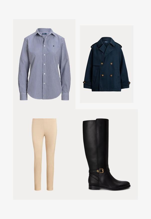 Σκούρο μπλε διπλής σειράς παλτό τύπου pea coat με φαρδιές πέτρες για το πέτο, επιλαιμούς στους ώμους, μανσέτες με κουμπιά και πλαϊνές τσέπες.; Πουκάμισο με μακριά μανίκια με μπλε και άσπρες κάθετες ρίγες, γιακά και μικρό κεντημένο λογότυπο στο στήθος.; Μπεζ στενά παντελόνια μέχρι τον αστράγαλο με λεία υφή και χωρίς ορατές τσέπες ή διακοσμητικά σε μονόχρωμο φόντο.; Μαύρη δερμάτινη μπότες μέχρι το γόνατο με χαμηλό τακούνι, χρυσή αγκράφα και μικρό ανάγλυφο λογότυπο στο πλαϊνό λουράκι.