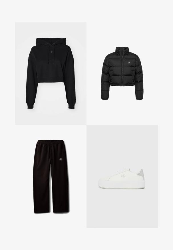Chaqueta acolchada corta negra con cuello alto, mangas largas, cremallera frontal y pequeño logo blanco "cK" en el pecho izquierdo.; Sudadera corta negra con mangas largas, capucha con cordón, material de algodón suave y un logo sutil en el centro. Puños acanalados clásicos.; Pantalones negros de pierna ancha con cintura elástica y bolsillos laterales, con un pequeño parche con el logo de Calvin Klein en el muslo derecho.; Zapatillas de lona blancas con una suela blanca gruesa, presentan un acento metálico plateado en el talón y un sutil detalle del logo en el lateral.