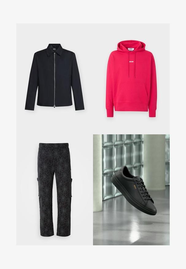 Sort langærmet jakke med krave og sølv lynlås foran, mærkeetiket synlig inde i kraven, lagt fladt på hvid baggrund.; Lyserød hættetrøje med frontlomme og hvid "MSGM"-logo centreret på brystet, vist mod en ensfarvet lys baggrund.; Cargo bukser i sort stof med et edderkoppespin mønster i mørkegrå; har sidelommer og en afslappet pasform med et lige ben design.; Sort lavtopet lædersneaker med sorte snørebånd og gyldent BOSS-logo på siden, svævende over en blank grå gulv i et moderne indendørs rum.