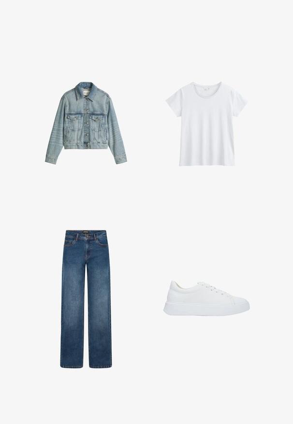 Veste en denim bleu clair avec fermeture à boutons, deux poches à rabat sur la poitrine, poches latérales fendues et col classique.; T-shirt en coton blanc avec un col rond, des manches courtes et une coupe décontractée. Texture lisse et design simple, sans motifs ni accents.; Jean en denim à jambes larges, de couleur bleu moyen. Comprend cinq poches, fermeture par bouton et fermeture éclair, et coutures doubles. Tissu durable.; Baskets blanches en cuir avec un bout rond, des lacets plats et une semelle en caoutchouc épaisse. Texture lisse avec des détails de couture minimes.