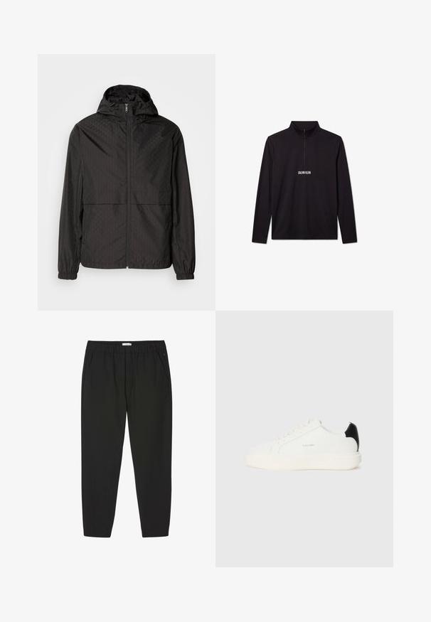 Veste coupe-vent noire avec un motif texturé présentant des lignes diagonales et des formes de losanges subtiles, fermeture éclair complète à l'avant, et capuche. Poignets élastiques.; Pull noir à manches longues Calvin Klein avec une fermeture éclair sur le quart et un logo blanc imprimé sur la poitrine.; Pantalon noir avec taille élastique, jambes droites et poches latérales, conçu pour un usage décontracté ou professionnel.; Baskets en cuir blanc avec un accent noir à l'arrière, présentant un bout rond, des lacets plats et une épaisse semelle blanche. Logo Calvin Klein affiché.