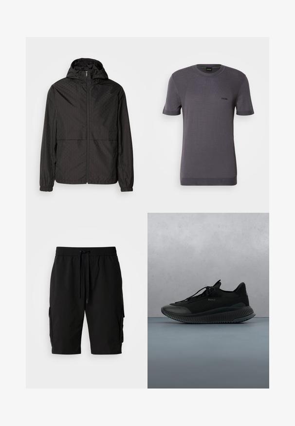 Schwarze Windjacke mit einem strukturierten Muster, das diagonale Linien und subtile Rautenformen zeigt, mit durchgehendem Reißverschluss und Kapuze. Elastische Bündchen.; Graues kurzärmliges Strick-T-Shirt mit rundem Halsausschnitt, das dezente Rippdetails und ein kleines schwarzes Logo auf der Brust aufweist. Weicher Stoff.; Schwarze Cargo-Shorts aus leichtem Material, mit elastischem Bund, Kordelzug und seitlichen Cargo-Taschen für zusätzlichen Stauraum.; Schwarzer Sportschuh mit einem Obermaterial aus Mesh, Gummisohle und Schnürdesign. Verfügt über eine strukturierte Oberfläche und dezente Markenkennzeichnung an der Seite.