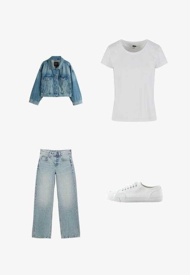 Lichtblauwe spijkerjack met knoopsluiting, twee borstflapzakken, zijzakken met openingen en een kraag.; Witte, korte mouwen t-shirt gemaakt van katoen. Heeft een ronde hals en een slim-fit vorm. Etiket zegt "URBAN CLASSICS."; Lichtblauwe denim wijde jeans met een hoge taille, voorzien van vijf zakken, een knoopsluiting en subtiele vervaging voor een versleten effect.; Witte lage canvas sneaker met vetersluiting aan de voorkant, rubberen zool en een getextureerde neuskap, weergegeven vanaf de buitenkant op een witte achtergrond.
