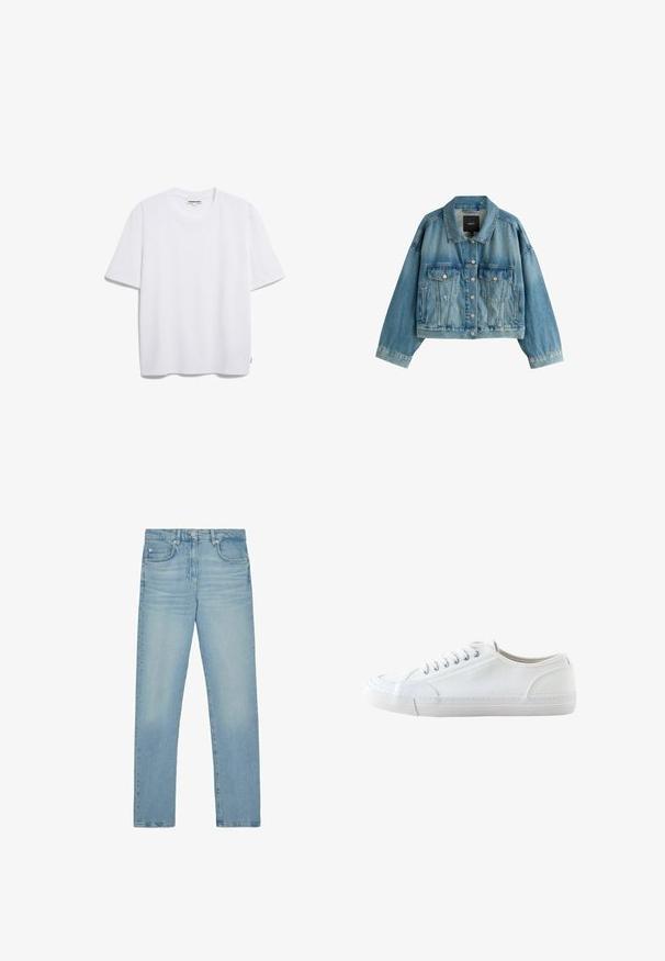 Chaqueta vaquera azul claro con cierre de botones, dos bolsillos de solapa en el pecho, bolsillos laterales con abertura y cuello con solapa.; Camiseta de algodón blanca con mangas cortas, un escote redondo y un corte relajado. Sin patrones ni logos visibles. Textura suave.; Vaqueros azul claro de tiro alto y pernera recta, con bolsillos delanteros y de moneda, cierre frontal con botones y sutil desgaste en los muslos.; Zapatilla blanca de lona de corte bajo con cordones blancos y suela de goma, mostrada de lado sobre un fondo blanco.