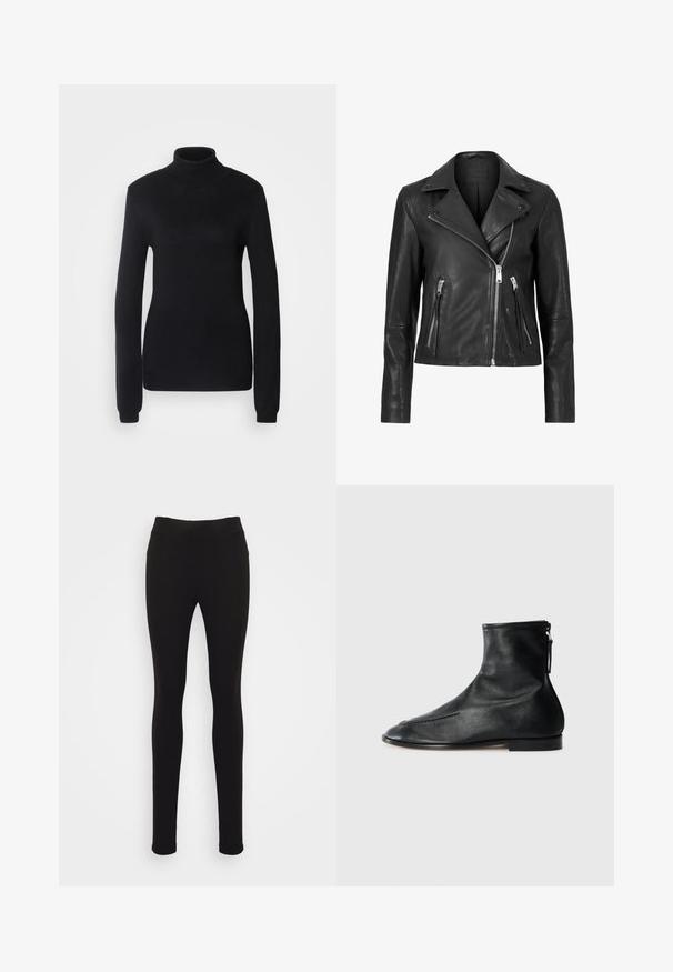 Sort læder motorcykeljakke med en asymmetrisk lynlås, påskårne klapper og to lynlåslommer på forsiden. Glat tekstur og tætsiddende design.; Sort turtleneck sweater lavet af et blødt strikstof, med lange ærmer og en tætsiddende silhuet, der har ribbet krave og kant.; Sorte leggings med et glat, strækbart materiale. Høj talje med subtile teksturerede detaljer ved taljebåndet og en tætsiddende silhuet.; Sorte læder ankelstøvler med spidse tæer, glat tekstur og en lynlåsfunktion på siden for nem påføring. Lav hæl, minimalistisk stil.