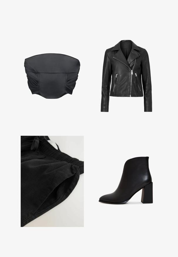 Zwarte leren motorjack met een asymmetrische rits, gekartelde revers en twee ritszakken aan de voorkant. Soepele textuur, slim fit ontwerp.; Zwarte nep leren cropped top met geplooide textuur en een gestructureerde vorm, met een gladde oppervlakte en minimale stikdetails.; Zwarte katoenen shorts met een elastische tailleband, voorzien van zijzakken en een gladde textuur. Eenvoudig ontwerp zonder patronen of accenten.; Zwarte enkellaars van glad leer, met een spitse neus, hoge blokhak en een strakke, minimalistische uitstraling met een hoog uitgesneden silhouet.