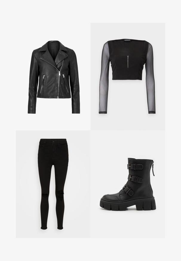 Veste de moto en cuir noir avec une fermeture éclair asymétrique, des revers crantés et deux poches avant zippées. Texture lisse, design ajusté.; Crop top noir avec un décolleté carré, en tissu opaque et manches longues transparentes. La fermeture éclair à l'avant ajoute du détail au design.; American Eagle SUPER HIGH RISE - Jegging - black wash; Even&Odd Bottines de cowboy / motard - black