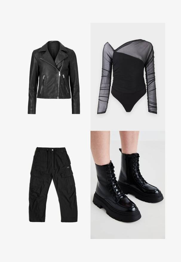 Zwarte leren motorjack met een asymmetrische rits, gekartelde revers en twee ritszakken aan de voorkant. Soepele textuur, slim fit ontwerp.; Zwarte bodysuit met lange sheer mesh-mouwen. Bevat gerimpelde textuur op het lichaam, asymmetrische halslijn en thong onderkant.; Zwarte cargobroek van stof, voorzien van een elastische tailleband met een trekkoord, meerdere zijzakken en een relaxte pasvorm.; Zwarte leren enkellaarsjes met een dikke zool, vetersluiting aan de voorkant en een rits aan de zijkant; heeft een gladde afwerking en een verhoogde neuskap.