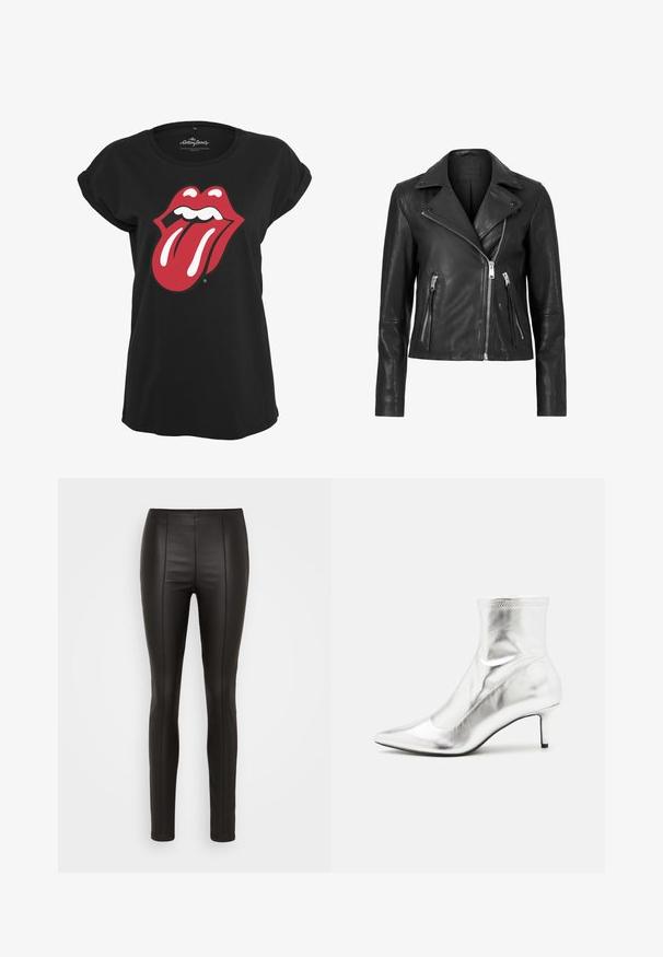 Veste de moto en cuir noir avec une fermeture éclair asymétrique, des revers crantés et deux poches avant zippées. Texture lisse, design ajusté.; T-shirt noir en coton avec un motif graphique en rouge et blanc du logo des Rolling Stones représentant des lèvres et une langue sur le devant. Encolure ronde.; Leggings en simili cuir noir avec une texture lisse et brillante, présentant une coupe ajustée et des coutures verticales sur le devant et l'arrière.; Bottine métallique argentée avec un bout pointu et un talon fin. Présente un ajustement snug et une texture lisse et brillante. Accent de couture en haut.