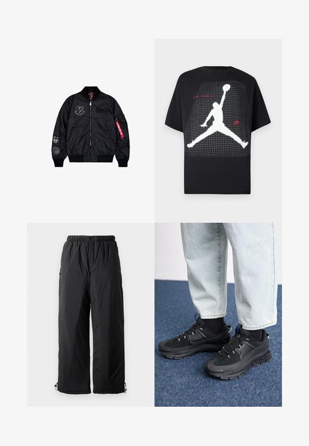 Chaqueta bomber negra hecha de nylon suave. Presenta un cierre de cremallera, puños de canalé y múltiples parches en las mangas para un detalle adicional.; Camiseta de algodón negra con la silueta blanca de una figura saltando, con un patrón de cuadrícula y el texto rojo "Air Jordan".; Pantalones aislantes negros con cintura elástica, que cuentan con bolsillos laterales y puños ajustables. Tela suave con un acabado ligeramente brillante.; Zapatillas deportivas negras con tejido texturizado y suelas de goma, con cordones elásticos y un acento azul en el talón. Combinadas con pantalones de mezclilla claros.
