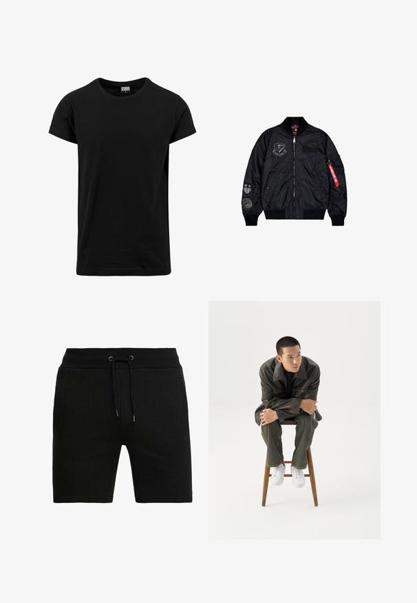 Schwarze Bomberjacke aus glattem Nylon. Sie verfügt über einen Reißverschluss, gerippte Bündchen und mehrere Aufnäher an den Ärmeln für zusätzliche Details.; Schwarzes T-Shirt aus Baumwolle, mit klassischem Rundhalsausschnitt, kurzen, umgeschlagenen Ärmeln und geradem Saum. Einfaches, einfarbiges Design ohne Muster.; Schwarze Baumwollshorts mit einem elastischen Bund, Zugbandverschluss und zwei Seitentaschen. Glatte Textur und knielange Passform.; Junger Mann in dunkler Lederjacke und Jeans sitzt auf einem Holzstuhl, lehnt sich mit verschränkten Armen nach vorne und schaut seitlich vor weißem Hintergrund.