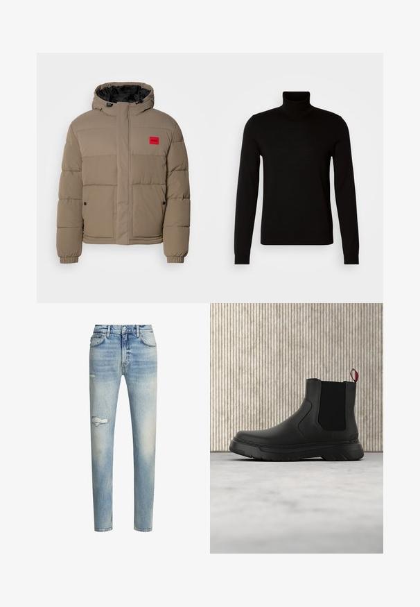 Chaqueta acolchada de color marrón claro, con capucha ajustable, cremallera frontal y un parche de logo rojo en el pecho. Diseñada con puños elásticos y bolsillos.; Suéter negro de cuello alto confeccionado en un tejido de punto fino, con mangas largas y una silueta ajustada. Textura suave con puños acanalados.; Jeans de mezclilla azul claro avec un acabado desgastado, detalle de rodilla rasgada, corte recto y estilo de cinco bolsillos. Incluye presillas para el cinturón clásicas.; Botín negro con un acabado liso, paneles laterales elásticos y una lengüeta de tirón roja contrastante, que presenta una suela de goma gruesa y punta redondeada.