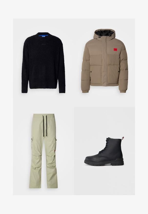Veste en duvet de couleur marron clair, dotée d'une capuche avec cordon de serrage, d'une fermeture éclair à l'avant et d'un patch logo rouge sur la poitrine. Conçue avec des poignets élastiques et des poches.; Pull noir en maille texturée, avec un col rond, des manches longues et des poignets et un ourlet côtelés. Branding discret sur la poitrine.; Pantalons cargo vert clair avec une coupe décontractée, taille élastique, cordon de serrage noir, deux poches latérales et détails de couture subtils.; Bottine en cuir noir avec un laçage sur le devant, semelle en caoutchouc épaisse et tirant rouge à l'arrière, présentée sur un fond clair et unicolore.