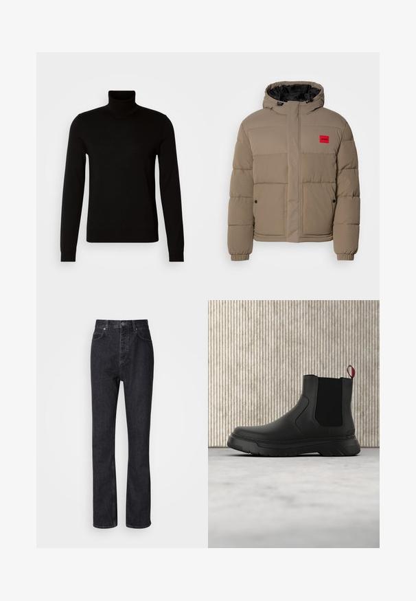 Pufferjakke i lys brun med snoretræk til hætten, frontlynlås og et rødt logo-patch på brystet. Designet med elastiske manchetter og lommer.; Sort turtleneck sweater lavet af et fint strikket stof, der har lange ærmer og en tætsiddende silhuet. Glat tekstur med ribbede manchetter.; Høj talje sorte denim jeans med knap- og lynlåsåbning, for- og baglommer samt lige ben.; Sort ankelstøvle med en glat overflade, elastiske sidepaneler og en kontrasterende rød træksløjfe, der har en tyk gummisål og rund tå.