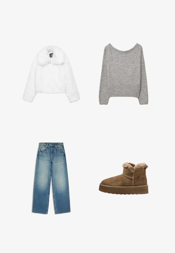 Hvid imiteret pels kort jakke med en bred krave, lange ærmer, ingen synlige lukninger og en blød, fluffet tekstur. Designet til en tætsiddende pasform.; Grå, cropped sweater i en blød strik. Har en bred halsudskæring, ribbede manchetter og kant. Enkel design uden mønstre eller pynt.; Blå jeans med vid ben, falmet front, fem-lomme design, bæltestropper og knaplukning.; Brune ruskinds ankelstøvler med faux pelsfor, rund tå og en tykk platformsål; har en syet søm og en trækflap bagpå.