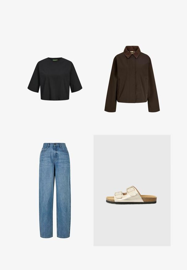 Mørkebrun jakke med bred kordkrave, forlommer, lange ærmer og skjult lukning foran, vist på hvid baggrund.; Sort bomulds cropped t-shirt med rund hals, korte ærmer og en grøn label detalje ved halsudskæringen. Glat, blød tekstur.; Lyseblå denimjeans med lige ben-design, der har en knaplukning, fem lommer og subtilt slid i stoffet.; To-buckle slide-sandaler i metallisk guld, med en korksål og sort gummisål. Har et fladt design og en glat overflade.