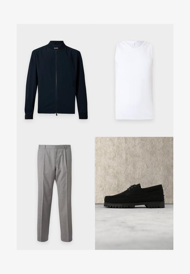 Marine bomberjakke lavet af glat stof, med lynlås foran, opretstående krave og ribbede manchetter, med et minimalistisk design.; Hvid ærmeløs ribbet tanktop med rund halsudskæring på ensartet lyst baggrund.; Grå, stribede bukser med skræddersyet pasform, der har foranfald, bæltestropper og en glat struktur. Lige ben design, rene manchetter.; Sort snørestøvle med tyk rilled sål, der svæver over beige tæppe, brun moderne rundt bord i blødt oplyst rum i baggrunden.