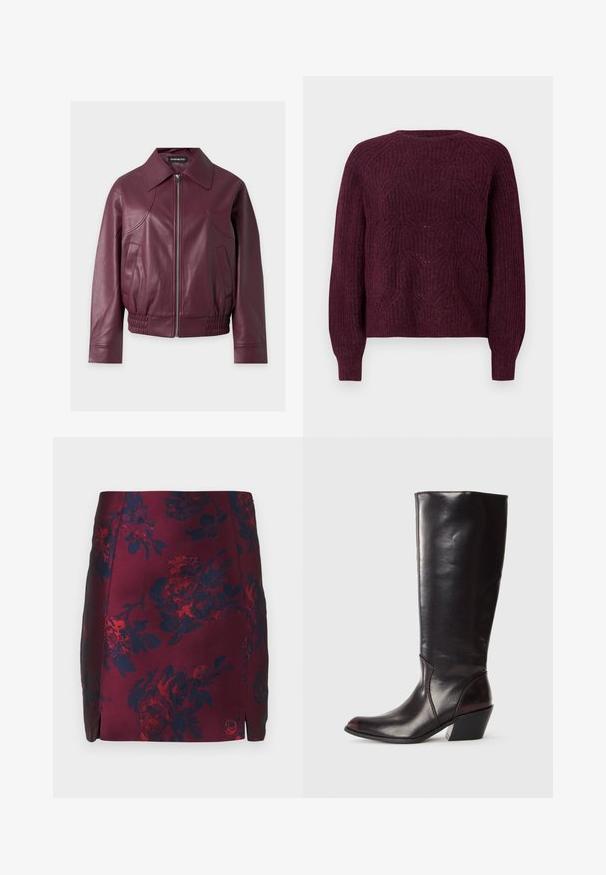 Veste en cuir bordeaux avec fermeture éclair frontale, deux poches inclinées, large col et ourlet élastiqué sur fond uni.; Pull bordeaux avec un motif tricoté texturé, col rond et manches longues avec des poignets côtelés. Matière douce avec une coupe décontractée.; Jupe à motif floral bourgogne avec des accents bleu marine, fabriquée en tissu lisse. Présente des fentes latérales et un motif floral texturé sur l'ensemble.; Botte en cuir brun foncé, à hauteur de genou, avec un bout pointu, un talon bloc angulaire et une texture lisse et brillante. Présente un design épuré et des détails de couture.