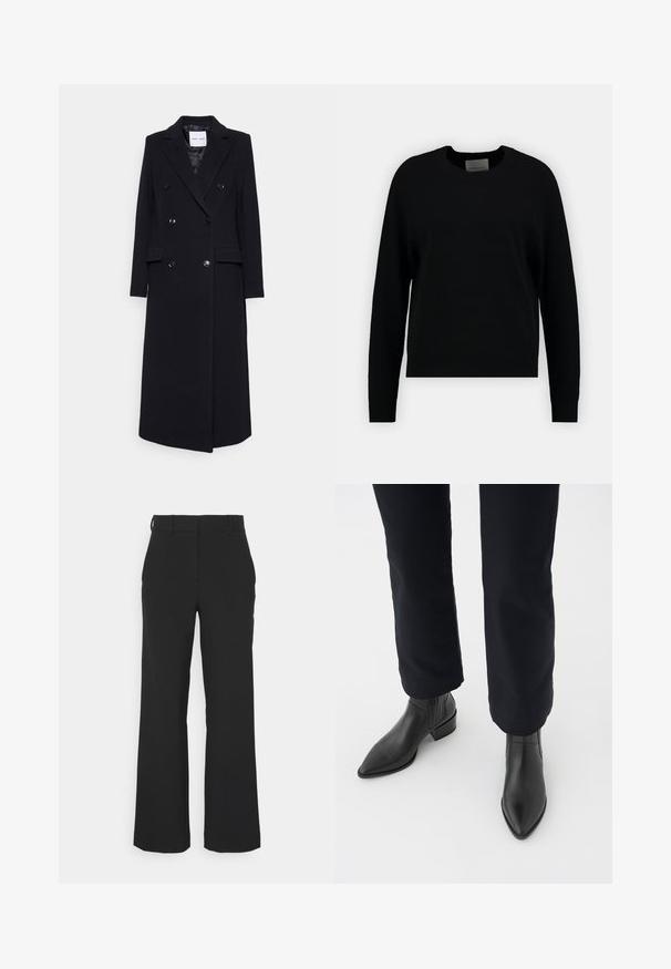 Samsøe Samsøe COAT - Klasický kabát - black; Čierny pletený sveter s okrúhlym výstrihom, dlhými raglánovými rukávmi a rebrovaným lemom. Hladká textúra, minimalistický dizajn, bez viditeľných vzorov alebo akcentov.; Čierne nohavice s širokými nohavicami vyrobené z hladkej látky, so plochým predným dielom, pútkami na opasok a bez viditeľných kovových častí alebo vzorov.; Čierne kožené členkové čižmy s špicatou špičkou, blokovým podpätkom a textúrovanými bočnými panelmi, nosené s tmavými nohavicami na bielom pozadí.