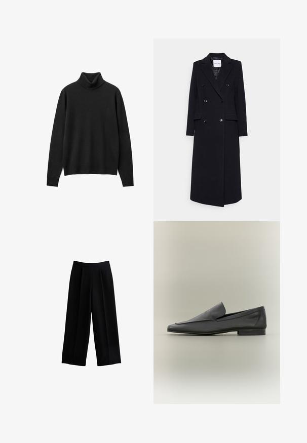Samsøe Samsøe COAT - Abrigo clásico - black; Suéter negro de cuello alto hecho de suave tejido de punto. Presenta mangas largas, un corte relajado y un diseño de cuello alto. Sin patrones ni adornos.; Pantalones de pierna ancha negros con un diseño plisado, elaborados en una tela suave. Presentan una cintura alta y una silueta relajada.; Mocasines de cuero negro con un acabado suave, punta afilada y diseño minimalista. Tacón bajo apilado y acentos de costura sutiles.
