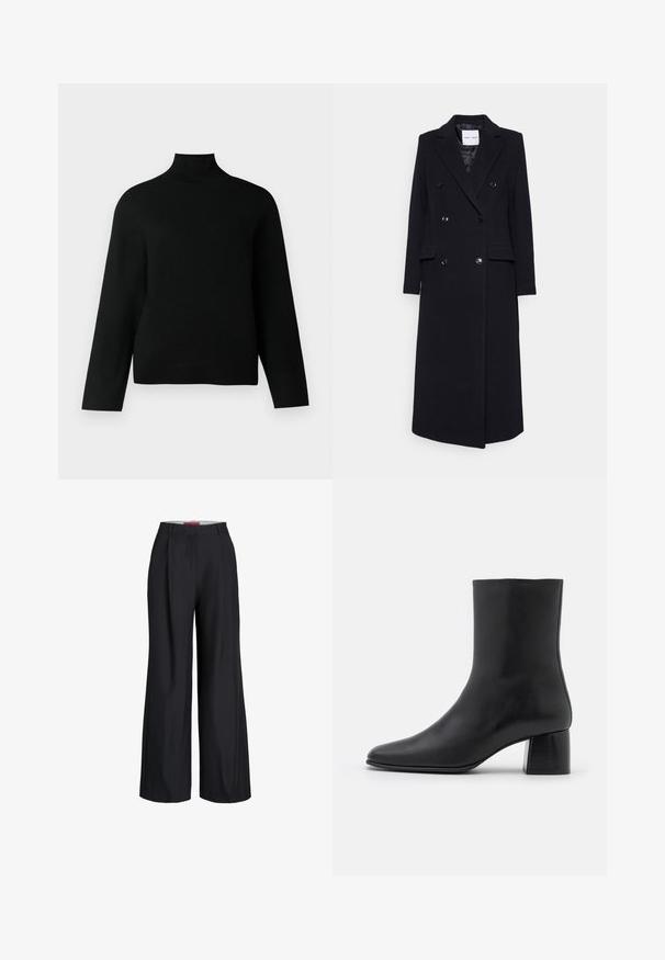Samsøe Samsøe COAT - Κλασικό παλτό - black; Μαύρο πουλόβερ με καλλιτεχνικό λαιμό, φτιαγμένο από μαλακό πλεκτό ύφασμα, με μακριά μανίκια και άνετη εφαρμογή. Λείος υφασμάτινος χαρακτήρας χωρίς ορατά σχέδια ή διακοσμητικά στοιχεία.; Μαύρο παντελόνι με φαρδιά μπατζάκια, θηλιές για ζώνη και κλείσιμο με φερμουάρ μπροστά, εμφανίζεται σε λευκό φόντο.; Μαύρη δερμάτινη μπότα στον αστράγαλο με μυτερή μύτη και χοντρό τετράγωνο τακούνι. Λείος υφή με άψογη σχεδίαση και ελάχιστη ραφή.