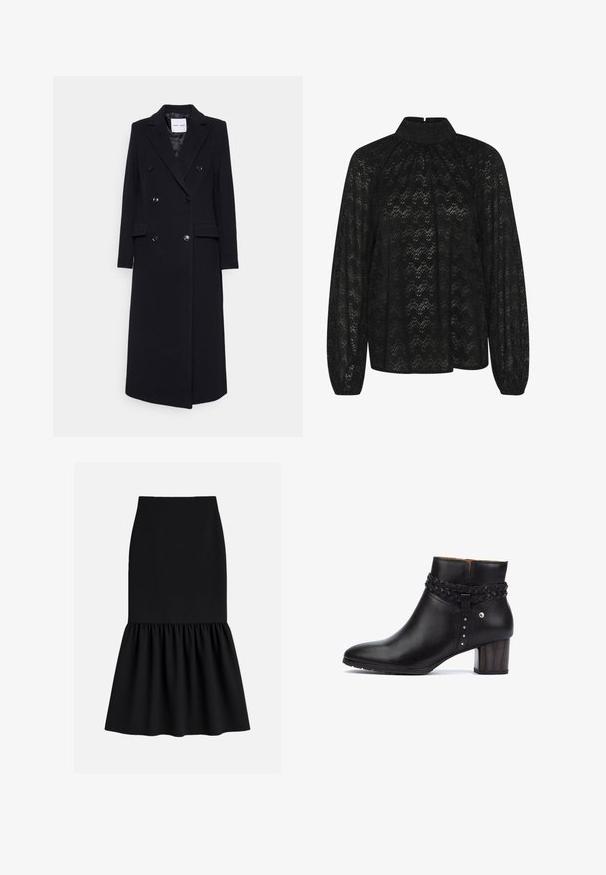 Samsøe Samsøe COAT - Klassikaline mantel - black; Mustast pitsakleidist, millel on kõrge kaelus, pikad varrukad ja tekstuuriga zikk-zakk muster. Kanga koostis on lühike ja voogav.; Mustast venivast kangast midi-seelik, millel on keha järgiv vöökoht ja lehviva, voltidega alumise osaga sile tekstuur.; Pikolinos CALAFAT - Poolsaapad - black