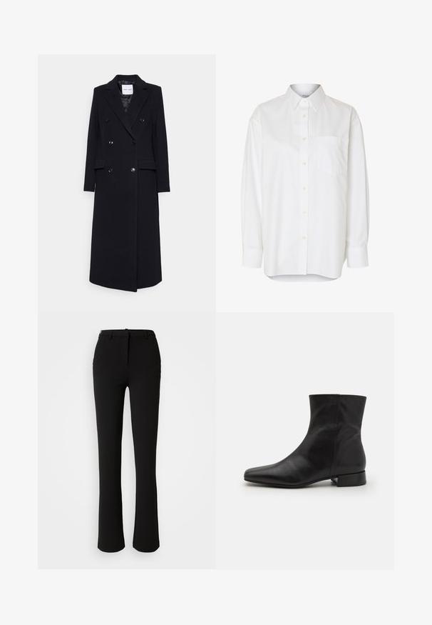 Samsøe Samsøe COAT - Mantel - black; Wit overhemd met lange mouwen, knopen, puntige kraag en borstzak, getoond tegen een effen achtergrond.; Zwarte broek gemaakt van een gladde stof, met een recht model, voorzakken en een standaard tailleband met een riemlus.; Zwarte leren enkelboot met een spitse neus, gladde textuur, minimalistisch ontwerp en een lage blokhak. Zijrits gaat tot de enkel.